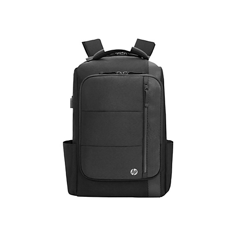 Schwarzer HP Laptop-Rucksack mit Reißverschlussfächern und Logo vor weißem Hintergrund.