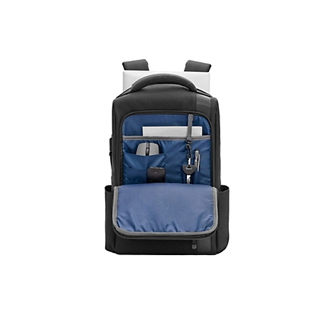 Schwarzer Laptop-Rucksack, offen. Innenfach mit Maus, Stift, Schlüssel und Papier. Blauer Innenstoff.