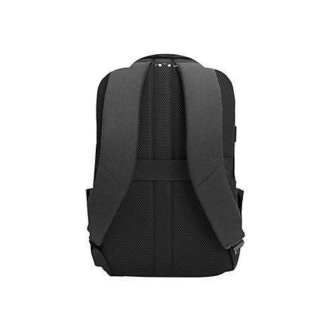 Rückseite eines schwarzen Rucksacks mit gepolsterten Schultergurten und atmungsaktivem Mesh-Rückenpolster.
