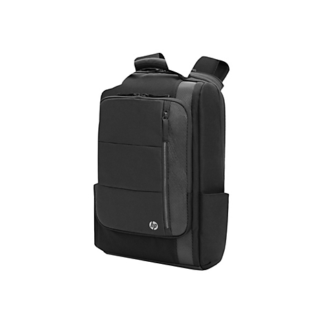 Schwarzer HP Laptop-Rucksack in moderner Optik vor weißem Hintergrund.