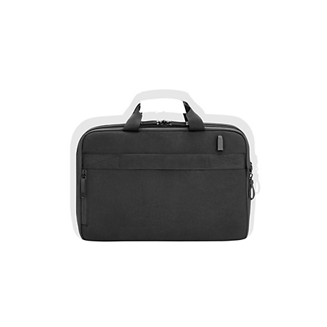 Schwarze Laptoptasche mit Tragegriffen und Reißverschlüssen, vor weißem Hintergrund.