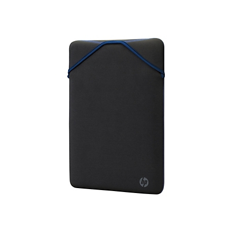 Schwarze Laptop-Hülle mit blauem Detail. HP-Logo unten rechts.
