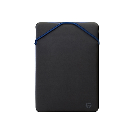 Eine schwarze Laptop-Hülle mit blauem Rand und Gummiband. Das HP-Logo befindet sich unten rechts.