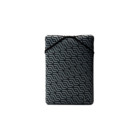 Graue Laptoptasche mit geometrischem Muster und HP-Logo. Schwarzes Gummiband zur Sicherung.