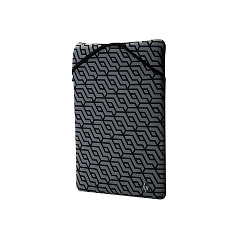 Eine grau-schwarze Laptoptasche mit geometrischem Muster und HP-Logo.