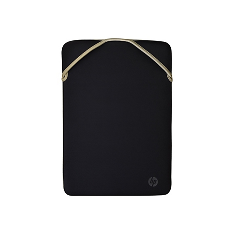 Schwarze Laptoptasche mit beigem Griff und HP-Logo.