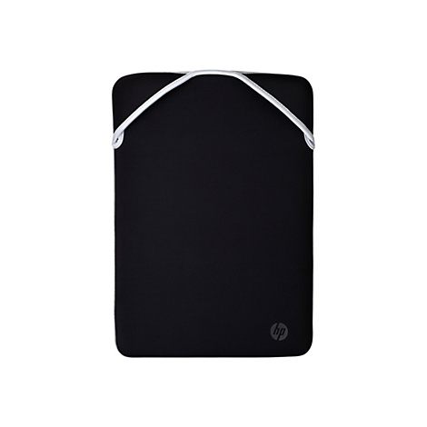 Schwarze Laptoptasche mit weißem Griff, HP-Logo.
