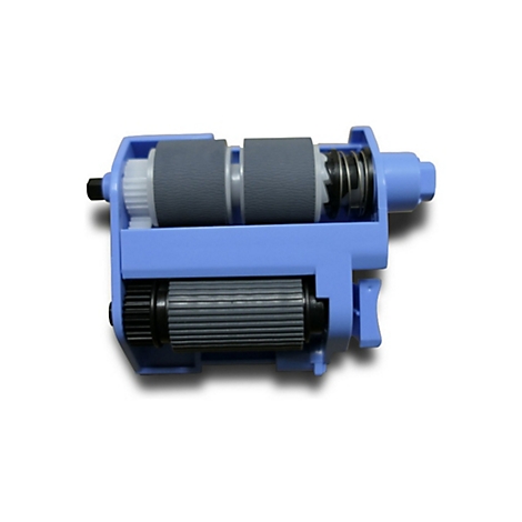 Ein blauer Drucker-Walzenmechanismus mit zwei grauen Rollen, darunter eine geriffelte Rolle und eine Feder.