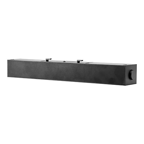 Ein schwarzer Soundbar mit geriffelter Front und zwei Halterungen. Auf der rechten Seite befindet sich ein runder Knopf.