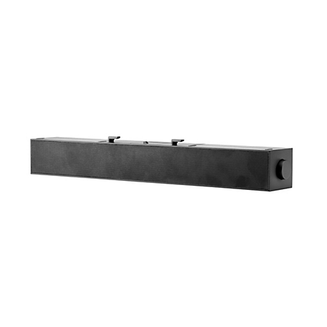 Ein schwarzer Soundbar liegt vor weißem Hintergrund. Er hat ein Metallgitter und seitlich einen Drehregler.
