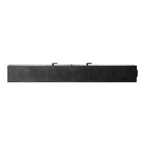 Schwarze Soundbar vor weißem Hintergrund. Sichtbare Details: Lochmuster, Anschlüsse, Halterungen.