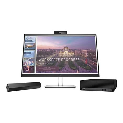 Ein HP-Monitor mit Webcam und Lautsprecherleiste, daneben ein PC-GehÃ¤use. Auf dem Bildschirm ist eine PrÃ¤sentation zu sehen.