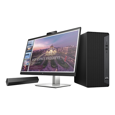 Ein schwarzer Computer mit Monitor, Lautsprecher und Webcam vor weiÃŸem Hintergrund.