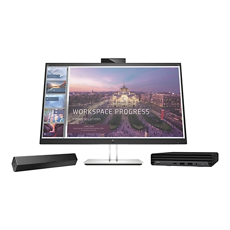 HP All-in-One-Computer mit Bildschirm, Lautsprecher, Webcam und CPU.