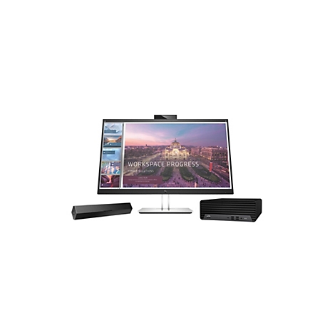 Ein Computerbildschirm mit der Aufschrift "Workspace Progress", daneben Lautsprecher und ein Desktop-PC.