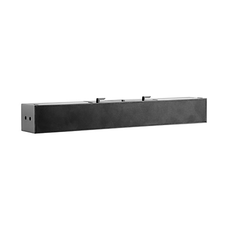 Ein schwarzer Soundbar vor weißem Hintergrund. Zwei Halterungen obenauf, vorn rechts und links kleine Löcher.