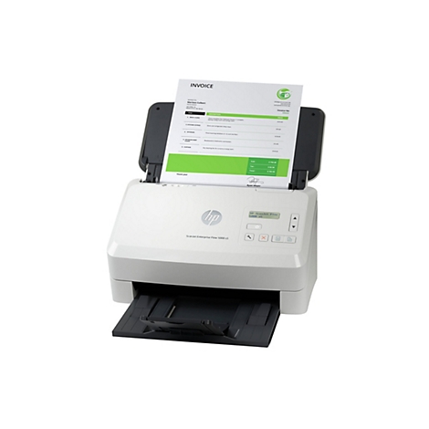 Ein weißer HP ScanJet Enterprise Flow 5000 s5 Scanner mit einer Rechnung, die zum Scannen eingelegt ist. Auf dem Gerät befindet sich ein Bildschirm.