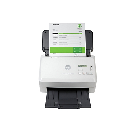 Ein weißer HP Scanner mit einem offenen Deckel, in dem sich ein Rechnungsformular befindet. Auf dem Scanner befindet sich ein kleines Bedienfeld mit einem Display.