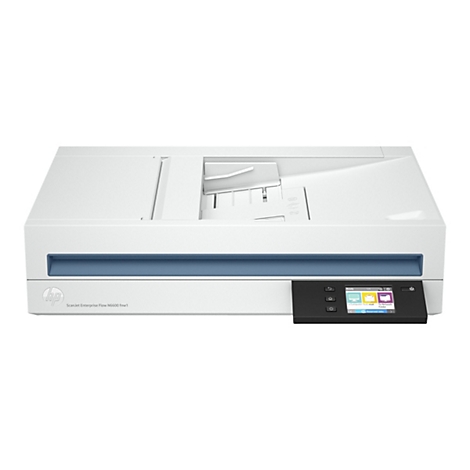 Ein weißer HP ScanJet Enterprise Flow N6600 fnw1 Scanner. Oben ist der Einzug, darunter ein blaues Band. Auf der rechten Seite befindet sich ein schwarzes Bedienfeld mit Bildschirm.