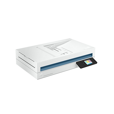 Weißer Scanner mit blauem Akzentstreifen und Bedienfeld. Auf dem Bedienfeld sind verschiedene Funktionen abgebildet, z.B. Scannen an E-Mail, Netzwerkordner.