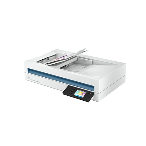 Weißer HP ScanJet Enterprise Dokumentenscanner mit Touchscreen-Bedienfeld und eingelegtem Papier.