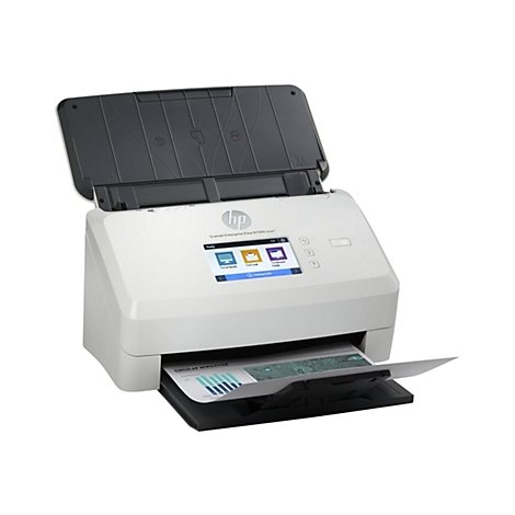 Ein weißer HP-Scanner mit geöffnetem Deckel, zeigt ein Diagramm. Auf dem Touchscreen Optionen für Computer, E-Mail und Netzwerk.