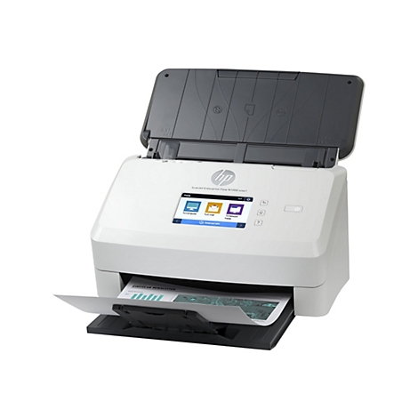 Weißer HP-Scanner mit offenem Deckel. Ein Blatt mit Diagrammen liegt im Ausgabefach. Auf dem Display: Optionen für Computer, E-Mail und Netzwerk.