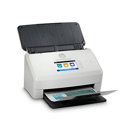 Ein weißer HP-Scanner mit geöffnetem Deckel, der ein Blatt mit Diagrammen ausgibt. Auf dem Touchscreen werden Optionen angezeigt.