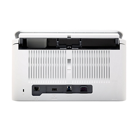 Rückansicht eines weißen Scanners mit geöffneter Abdeckung. Es sind Anschlüsse für Strom, USB und Netzwerk zu sehen.