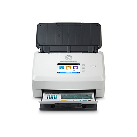 Ein weißer HP-Scanner, der ein Blatt Papier einzieht. Auf dem Display werden Optionen wie "An Computer senden" angezeigt.