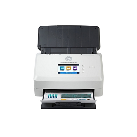 Weißer HP ScanJet Enterprise Flow N7000 snw1 Scanner mit hochgeklapptem Deckel. Ein Blatt Papier mit Diagrammen liegt im Ausgabeschacht.