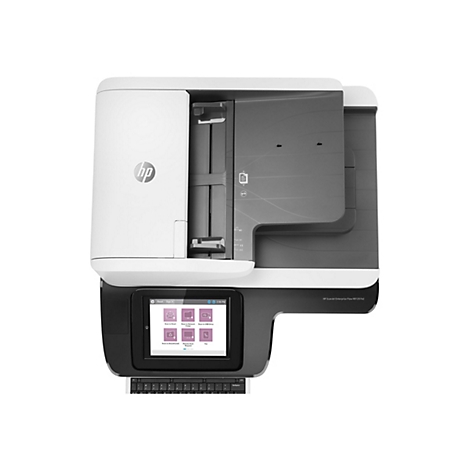 Ein weißer und schwarzer HP-Scanner, Frontansicht. Auf dem Touchscreen werden Optionen wie 'An E-Mail scannen' und 'An USB-Laufwerk scannen' angezeigt.