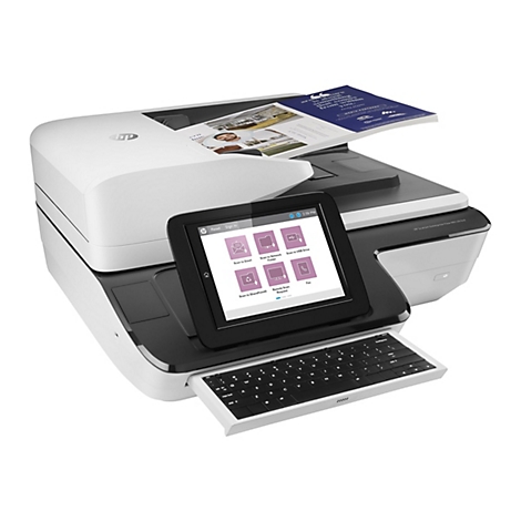 Ein weiß-schwarzer HP-Scanner mit einem Tablet und einer Tastatur.