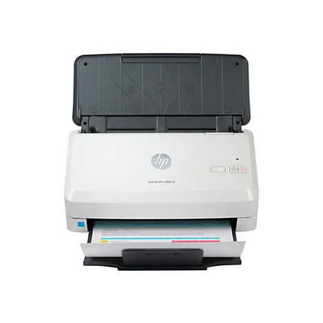 Ein weißer HP ScanJet Pro 2000 s2 Scanner mit geöffnetem Deckel, der ein Blatt Papier mit Aufdruck einzieht. Oben links ein Energieeffizienz-Logo. Auf dem Deckel steht 8,5 | A4.