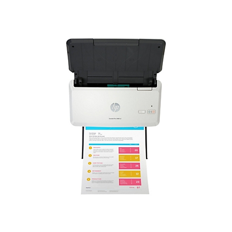 Ein weißer HP-Scanner mit geöffnetem Deckel steht auf einem Blatt Papier mit Text und farbigen Balken. Auf dem Scanner sind die Bedienelemente und das HP-Logo sichtbar.