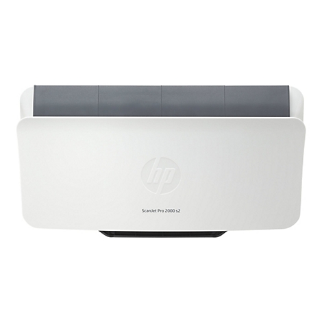 Draufsicht auf einen weißen Scanner mit grauem Fach. HP-Logo und ScanJet Pro 2000 s2 sind auf der Oberfläche gedruckt.