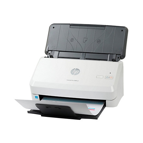 Ein weißer HP ScanJet Pro 2000 s2 Scanner. Das obere Fach ist offen. Ein Blatt Papier liegt im Ausgabefach. Links ein "Energy Star" Aufkleber.
