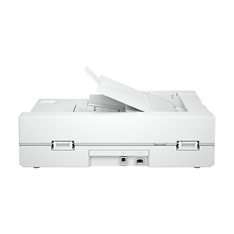 Weißer Drucker mit geöffnetem Fach, Rückseite, zeigt USB- und Stromanschluss.