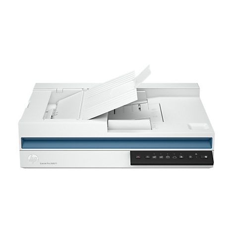 Ein weißer Scanner, die obere Abdeckung ist geöffnet. Blaue Akzente. Auf der Vorderseite steht "Scanjet Pro 2600 f1".