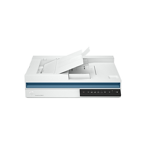 Ein weißer HP ScanJet Pro 2600 f1 Scanner, die obere Abdeckung ist geöffnet, Bedienfeld mit Symbolen.
