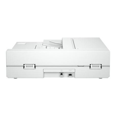 Nahaufnahme eines weißen Scanners auf weißem Hintergrund. Rückansicht mit USB 3.0-Anschluss und Stromanschluss.