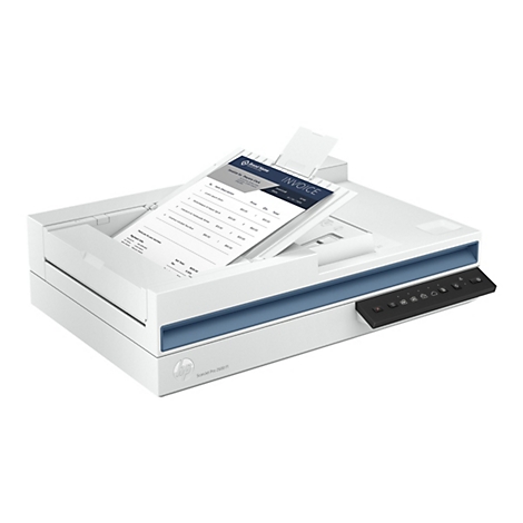 Ein weiß-blauer HP ScanJet Pro 2600 f1 Scanner scannt eine Rechnung mit detaillierten Posten. Auf der rechten Seite befinden sich Bedienknöpfe.