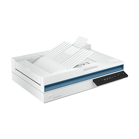Weißer HP Scanner mit blauem Akzent, der geöffnet ist. Auf der schwarzen Bedienleiste befinden sich Symbole.