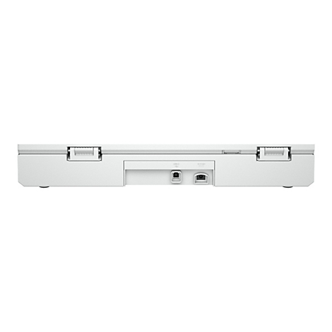Graues elektronisches Gerät mit Anschlüssen für USB und Strom. Auf hellem Hintergrund.