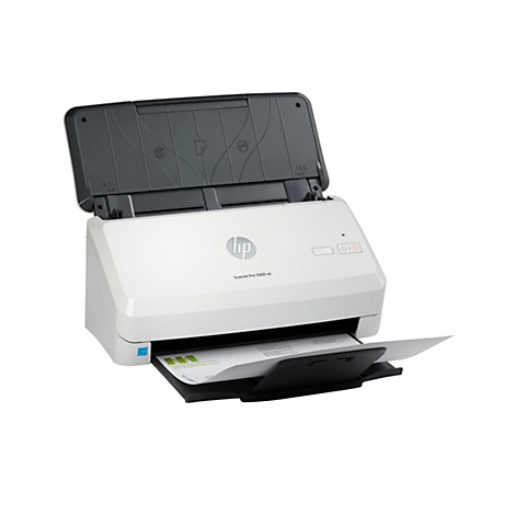 Ein weißer HP ScanJet Pro 3000 s4 Scanner, die obere Abdeckung ist geöffnet. Ein Blatt Papier liegt in der Ausgabefach.