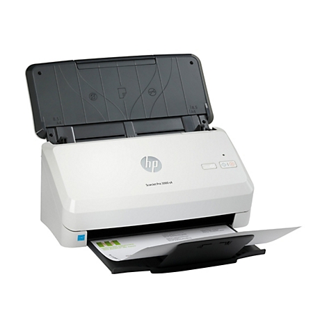 Ein weißer HP-Scanner mit geöffnetem Deckel und einem eingelegten Blatt Papier.