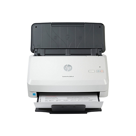 Ein weißer HP ScanJet Pro 3000 s4 Scanner mit geöffnetem Deckel. Ein Blatt Papier ragt aus der Ausgabeeinheit.