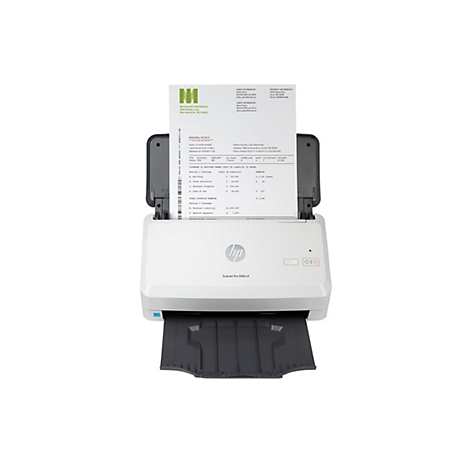 Ein weißer HP ScanJet Pro 3000 s4 Scanner, der ein Dokument einscannt, das Versicherungsinformationen zeigt.