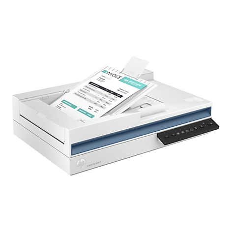 Ein weißer Scanner mit einem Dokument, das mit einer Rechnung bedruckt ist. Das HP Logo und der Schriftzug ScanJet Pro 3600 f1 sind sichtbar.