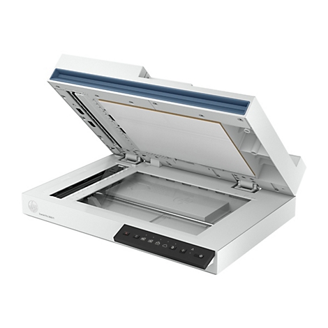 Weißer Scanner, Deckel geöffnet. Blaue Akzente, schwarz Touchpanel mit Knöpfen. HP ScanJet Pro 3600 f1.